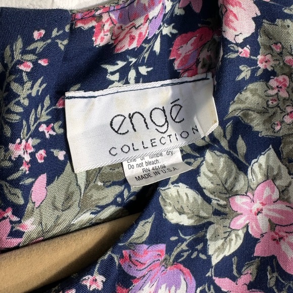 Enge’ collection vintage dress midi quarter length sleeves navy floral women's L - Picture 10 of 11
